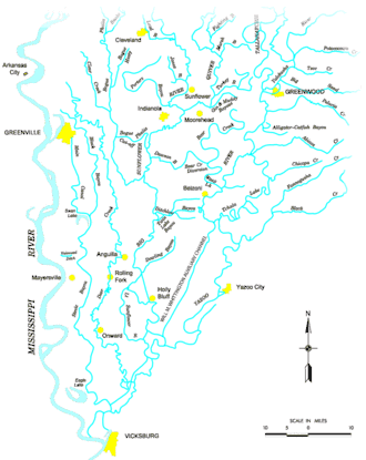Yazoo River flows from Greenwood to Vicksburg. Not all tributaries are shown.