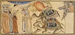A young Muhammad being recognized by the monk Bahira. Miniature illustration on vellum from the book Jami' al-Tawarikh (literally "Compendium of Chronicles" but often referred to as The Universal History or History of the World), by Rashid al-Din Hamadani, published in Tabriz, Persia, 1307 A.D. Now in the collection of the Edinburgh University Library, Scotland