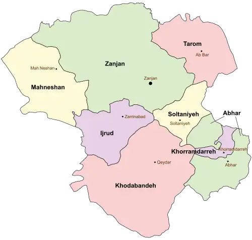 Location of Mahneshan County in Zanjan province (left, yellow)