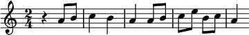  \relative c''{ \set Staff.midiInstrument = #"oboe" \clef treble \numericTimeSignature \time 2/4 \set Score.tempoHideNote = ##t \tempo 4 = 120  r4 a8 b8 c4 b4 a4 a8 b8 c8 e8 b8 c8 a4 } 