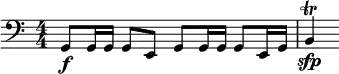 \relative c { \clef bass \key c \major \numericTimeSignature \time 4/4 g8\f g16 g g8 e g g16 g g8 e16 g | b4\trill\sfp }