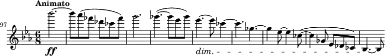 \relative c''' \new Staff {
\key es \major \clef "treble"
\set Staff.midiInstrument = "violin"
\set Score.tempoHideNote = ##t \tempo "Animato" 4 = 96
\set Score.currentBarNumber = #97 \bar ""
\time 6/8
bes'2.\ff ~ | bes8 as( fes des ces fes) | g2. | ges4.( ~ ges8 es ges) | es4.\dim ~ es8 ces4 ~ | ces4. ges4. ~ | ges4 es8 ~ es4 ces8( ~ | ces4 ges8 es des ces) | bes4.\! ~ bes8
}