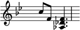 \relative
{ \set Score.tempoHideNote = ##t \tempo 4 = 80 \set Staff.midiInstrument = #"vibraphone"
\key bes \major
\time 2/4 \hide Staff.TimeSignature
c''8 f,8 <aes, des f>4.
}