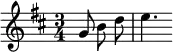 \relative
{ \set Score.tempoHideNote = ##t \tempo 4 = 90 \set Staff.midiInstrument = #"glockenspiel"
\key d \major
\time 3/4 \partial 4. \autoBeamOff
g'8 b d | e4.
}