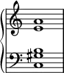 {
\override Score.TimeSignature #'stencil = ##f
\relative c' { \new PianoStaff << 
  \new Staff { \clef treble \time 4/4 <e a>1 } 
  \new Staff { \clef bass \time 4/4  <c, gis' b>1 }
>> } }
