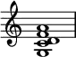 {
\override Score.TimeSignature #'stencil = ##f
\relative c' {
\clef treble
\time 4/4
\key c \major
<g c d f a>1
} }