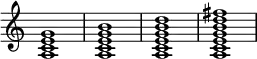 {
\override Score.TimeSignature #'stencil = ##f
\relative c' {
\clef treble
\time 4/4
\key c \major
<a c e g>1
<a c e g b>1
<a c e g b d>1
<a c e g b d fis>1
} }