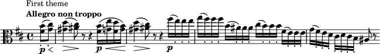 \relative c' {
\set Score.tempoHideNote = ##t \tempo 4 = 116
\set Staff.midiInstrument = #"viola"
\set Score.currentBarNumber = #19
\key b \minor
\time 4/4
\clef alto
\bar "19"
\partial 4^\markup { \translate #'(-4 . 0)
\column {
\line { First theme }
\line { \bold { Allegro non troppo} }
}
}
<fis b>8_.\p\< (<g cis>_.)\! <gis d'>4\> (<ais cis>8)\! r8 r4 <fis b>16\p\< (<g e'> <fis d'> <g b>)\! <gis d'>4\> (<ais cis>8)\! r8 r4 fis'16\p (e_.) e_. e_. g (fis_.) fis_. fis_. b, (ais_.) ais_. ais_. cis (b_.) b_. b_. fis (e_.) e_. e_. g (fis_.) e_. d_. cis_. d_. cis_. b_. ais8 r8
}