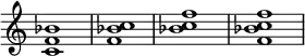 {
\override Score.TimeSignature #'stencil = ##f
\relative c' {
\clef treble \time 4/4 <c f bes>1 <f bes c> <bes c f> <f bes c f>
} }