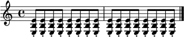 
{
  \set Staff.midiInstrument = "electric guitar (clean)"
  \omit Score.MetronomeMark \tempo 4=160
  \repeat unfold 16 { <e b e'>8-. } \bar "|."
}
