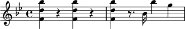 \relative c''' {
\key bes \major
<bes d, f,>4 r <bes d, f,> r | <bes d, f,> r8. bes,16 bes'4 g
}