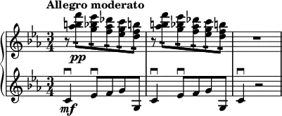 \relative c''' {
\new PianoStaff <<
\new Staff {
\set Staff.midiInstrument = #"piano" \key c \minor \clef treble \time 3/4 \set Score.tempoHideNote = ##t \tempo "Allegro moderato" 4 = 120
r8 <as b f'>8:16 \pp <g bes es>8:16 <f as des>8:16 <es g c>8:16 <d f b>8:16 |
r8 <as' b f'>8:16 <g bes es>8:16 <f as des>8:16 <es g c>8:16 <d f b>8:16 |
R2. |
}
\new Staff {
\clef treble \key c \minor
c,4 \downbow \mf es8 \downbow f8 g8 g,8 |
c4 \downbow es8 \downbow f8 g8 g,8 |
c4 \downbow r2 |
}
>>
}