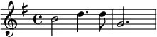 \relative c''{\set Staff.midiInstrument = #"orchestral harp" \once \hide Score.MetronomeMark \tempo 2 = 120 \key g \major b2 d4. d8 g,2. \skip4}