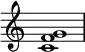  {
\override Score.TimeSignature #'stencil = ##f
\relative c' { 
  \clef treble \time 4/4
  <c f g>1
} }
