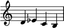 {
\override Score.TimeSignature #'stencil = ##f
\relative c' {
\clef treble
\time 4/4 d es c b
} }