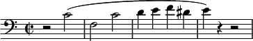 \relative c' {
\new Staff {
\set Staff.midiInstrument = #"piano" \key c \major \clef bass \time 2/2 \set Score.tempoHideNote = ##t \tempo 4 = 90
r2 c2 ( |
f,2 c'2 |
d4 e4 f4 dis4 |
e4 ) r4 r2 |
}
}