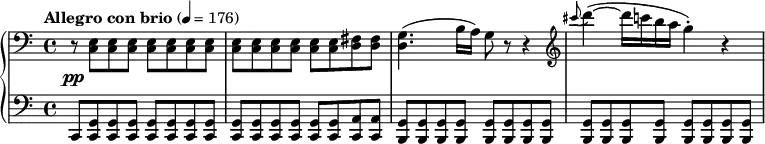  {
# (set-global-staff-size 18)
{ \new PianoStaff <<
  \new Staff { \relative c {
    \once\override DynamicLineSpanner.staff-padding = #4
    \clef bass \time 4/4
    \tempo "Allegro con brio" 4 = 176
    \override DynamicLineSpanner.staff-padding = #2.5
    r8\pp <c e> <c e> <c e> <c e> <c e> <c e> <c e>
    <c e> <c e> <c e> <c e> <c e> <c e> <d fis> <d fis>
    <d g>4.( b'16 a) g8 r r4
    \clef treble \grace { cis''8( } d4~)( d16 c b a g4-.) r4
  } }
  \new Staff { \relative c, {
   \clef bass
   c8 <c g'> <c g'> <c g'> <c g'> <c g'> <c g'> <c g'>
   <c g'> <c g'> <c g'> <c g'> <c g'> <c g'> <c a'> <c a'>
   <b g'> <b g'> <b g'> <b g'> <b g'> <b g'> <b g'> <b g'>
   <b g'> <b g'> <b g'> <b g'> <b g'>[ <b g'> <b g'> <b g'>]
  } }
>> } }
