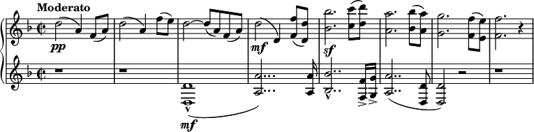 \relative c'' {
\new PianoStaff <<
\new Staff {
\set Staff.midiInstrument = #"piano" \key d \minor \clef treble \time 2/2 \set Score.tempoHideNote = ##t \tempo "Moderato" 4 = 110
d2 \pp ( a4 ) f8 ( a ) |
d2 ( a4 ) f'8 ( e ) |
d2 ~ d8 ( a ) f ( a ) |
d2 \mf ( d,4 ) <f f'>8 ( <d d'>8 ) |
<bes' bes'>2. \sf <c c'>8 ( <d d'>8 ) |
<a a'>2. <bes bes'>8 ( <a a'>8 ) |
<g g'>2. <f f'>8 ( <e e'>8 ) |
<f f'>2. r4
} |
\new Staff {
\set Staff.midiInstrument = #"piano" \key d \minor \clef treble
r1 |
r1 |
<d, d'>1 \mf -^ ( |
<a' a'>2... ) <a a'>16 |
<bes bes'>2.. -^ <f f'>16 -> <g g'>16 -> |
<a a'>2.. ( <d, d'>8 |
<d d'>2 ) r2 |
r1 |
}
>>
}
