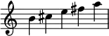 
\relative c'' {
  \time 5/4
  \omit Score.TimeSignature
  b cis e fis a
}
