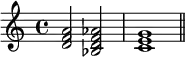 {
\relative c' {
\clef treble
\time 4/4
<d f a>2 <bes d f aes> <c e g>1 \bar "||"
} }