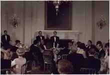 Jimmy Carter toasts Carlos Andres Perez, the President of Venezuela, during a state dinner.