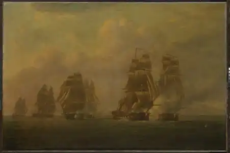 The Anson Enganging Five Escaping French Frigates by Nicholas Pocock